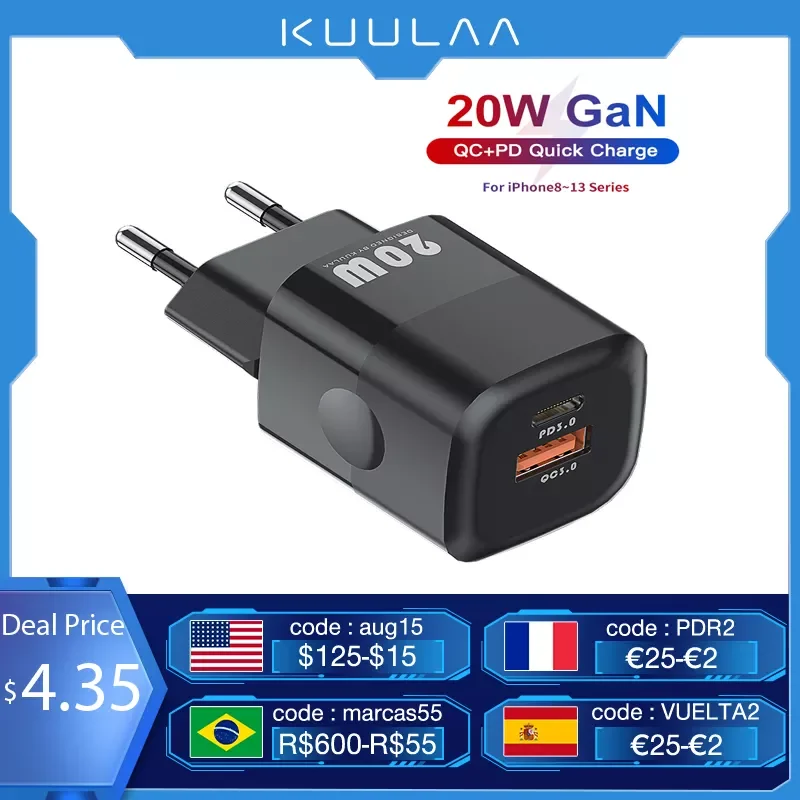 KUULAA 20W GaN PD Charger Support Type C PD Charging Dual USB port Charger For iPhone 13 12 Pro Max 11 Mini 8 Plus
KUULAA 20W GaN PD Charger Support Type C PD Charging Dual USB port Charger For iPhone 13 12 Pro Max 11 Mini 8 Plus