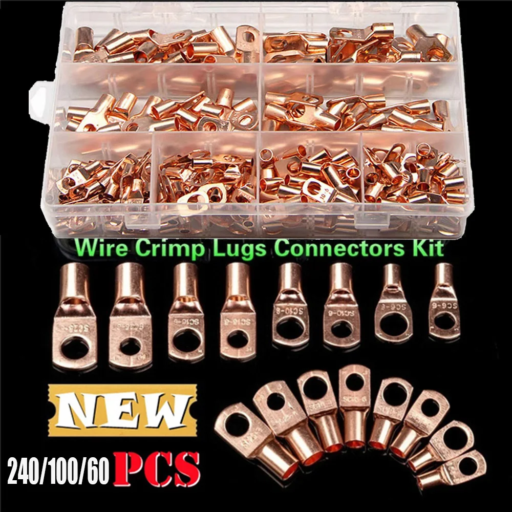 

240/100/60PCS SC6-6 SC25-8 Assortment Tinned Copper Lugs Ring Crimp Terminals Battery Wire Welding Cable Connectors Kit