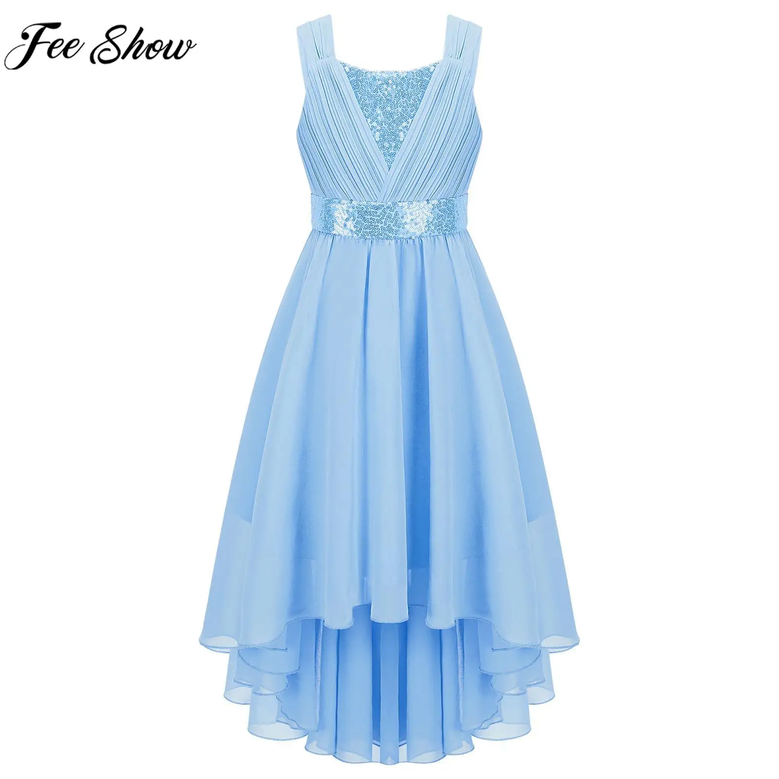 

Girls Wedding Bridesmaid Birthday Party Dress Sleeveless Shiny Sequin Chiffon Ruched Hi-lo Hem Maxi Princess Dress Ball Gown