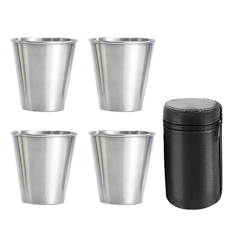 

Stainless Steel Shot Cups, Set Of 4 Cups, Metal Shot Glasses, Stackable, Hip Flask Small With Leather Bag For Outdoor