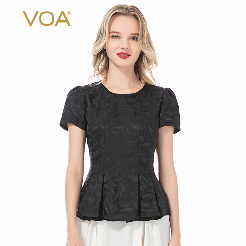 

VOA Silk 20m/m Crescent Pattern Jacquard Round Neck Bubble Short Sleeve Skirt Posing Slim T-shirt B022 Harajuku Tshirt Befree