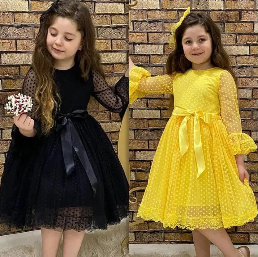 

2023 Toddler Polka-dot Summer Party Dress for Girl Lace Long Sleeve 1st Birthday Bow Wedding Prom Gown Christening Baby Clothes