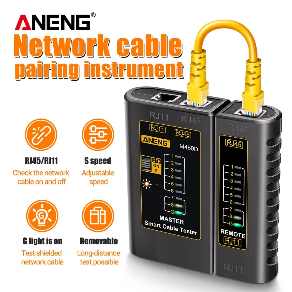 ANENG M469D Cable lan tester Network Cable Tester RJ45 RJ11 RJ12 CAT5 UTP LAN Cable Tester Networking Tool network Repair
ANENG M469D Cable lan tester Network Cable Tester RJ45 RJ11 RJ12 CAT5 UTP LAN Cable Tester Networking Tool network Repair