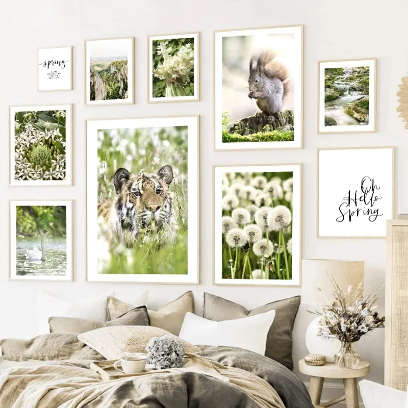 

Spring Landscape Canvas Painting Mountain Lake Swan Tiger Grass Flower Dandelion Poster Decoration Wall Art Home Room Decor