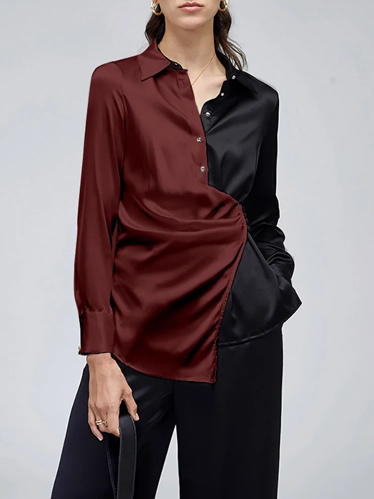 

Асимметричные топы ZANZEA, офисные блузы, модная женская Элегантная атласная рубашка с отложным воротником, Повседневная цветная Лоскутная Блузка с длинным рукавом