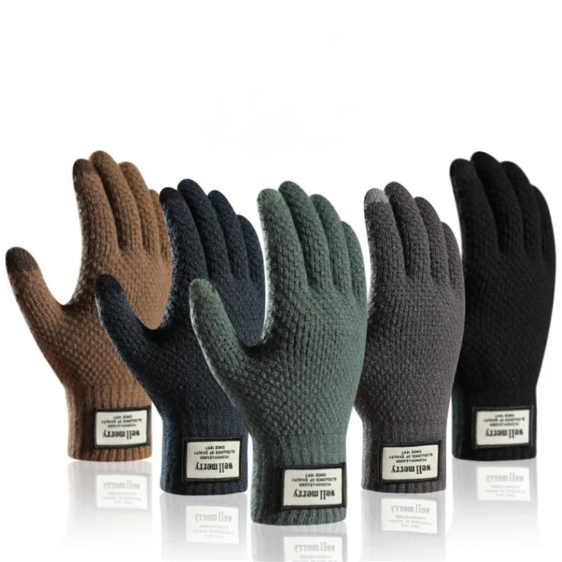 

Зимние мужские вязаные перчатки, высококачественные мужские варежки для сенсорного экрана, плотные теплые шерстяные кашемировые однотонные мужские деловые перчатки на осень
