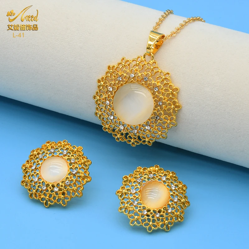 

Flower Opal Necklace Sets With 24K Gold Color Earrings For Women Wedding Jewelry Indian Turkish Designer Bridal Ethiopian