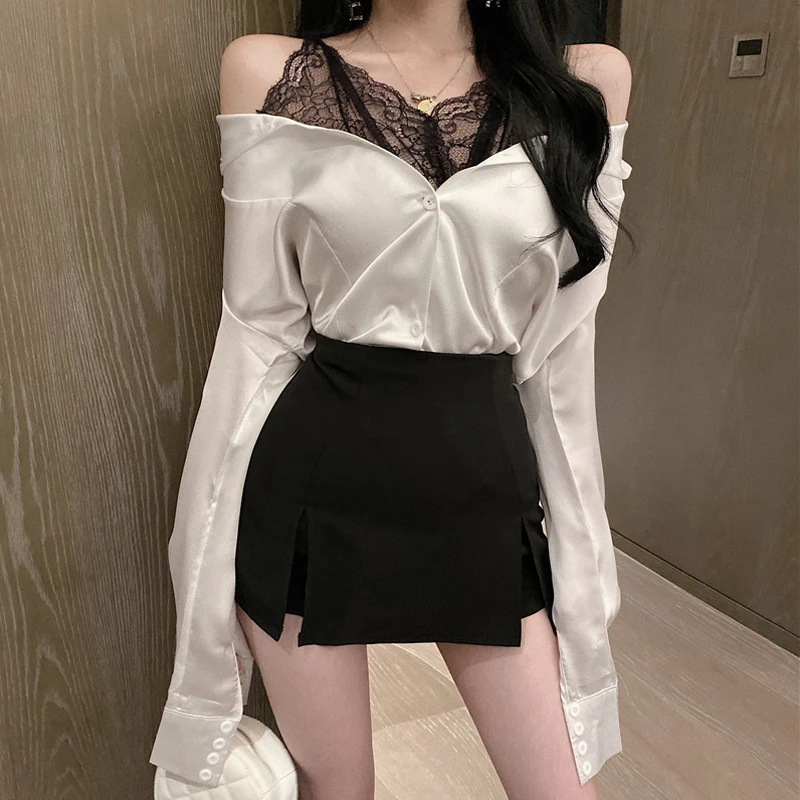 Chemise Femme Sexy Autumn Blusas Camisas De Mujer Femme Lace Patchwork Full Fake Two Pieces Tops Strapless Off Shoulder Slim
Chemise Femme Sexy Autumn Blusas Camisas De Mujer Femme Lace Patchwork Full Fake Two Pieces Tops Strapless Off Shoulder Slim