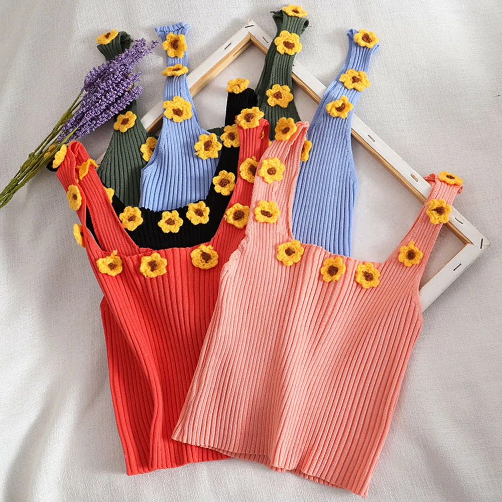 

Sweet Flowers Camisole Summer Women Knit Solid Camis Tops Sleeveless Tee shirts Girls Sexy Tops Tanks Knitwear Patch Flowers