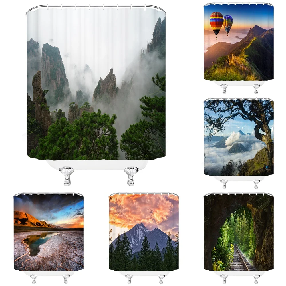 

Misty Forest Landscape Shower Curtain Foggy Pine Trees Nature Mountain Scenery Sunset Hot Air Balloon Fabric Bathroom Curtains