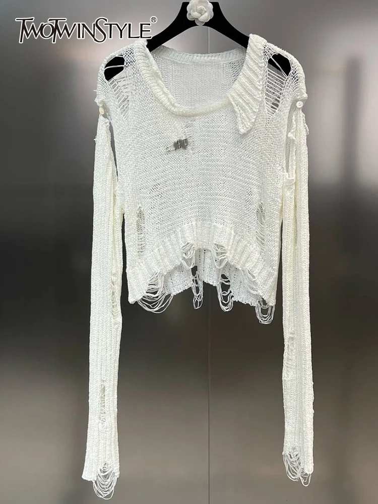 TWOTWINSTYLE Solid Casual Knitting Sweaters For Women Round Neck Long Sleeve Hollow Out Chic Autumn Sweater Female Fashion 2023 
TWOTWINSTYLE Solid Casual Knitting Sweaters For Women Round Neck Long Sleeve Hollow Out Chic Autumn Sweater Female Fashion 2023