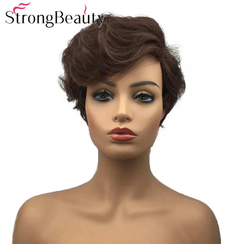 

StrongBeauty Short Women Synthetic Capless Wig Pixie Cut Hair Asymmetrical Side Bang Short Curly Wigs