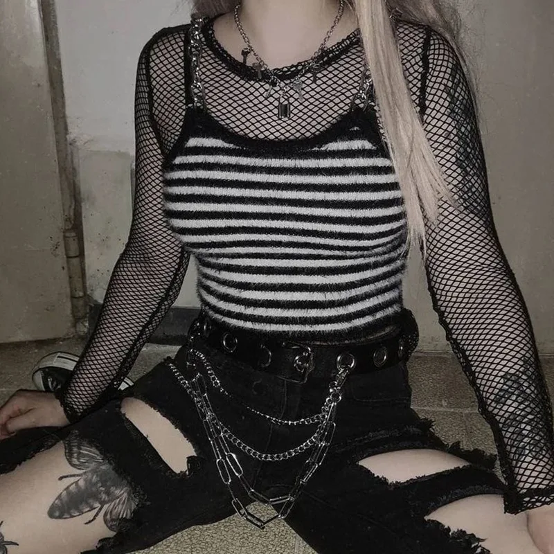 Y2K Women Striped Knitted Crop Top Chain Backless Grunge Vest Harajuku Gothic Black Punk Basic Streetwear Shirts Tanks Tee 2022
Y2K Women Striped Knitted Crop Top Chain Backless Grunge Vest Harajuku Gothic Black Punk Basic Streetwear Shirts Tanks Tee 2022