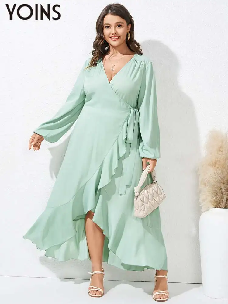 

YOINS Plus Size Ruffled Maxi Dress Women Long Sleeve Sexy V Neck Bandage Wrap Elegant Party Vestidos Casual Solid Knotted Robe