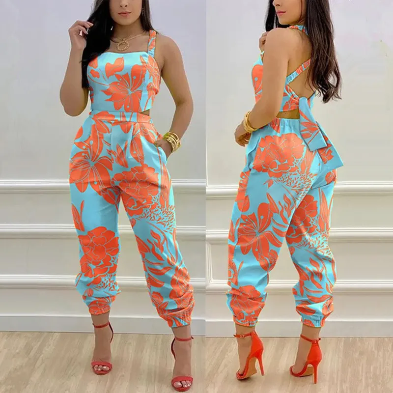 

2022 Women Chic Casual Jumpsuits One Piece Plants Print Criss Cross Tied Detail Backless Jumpsuit