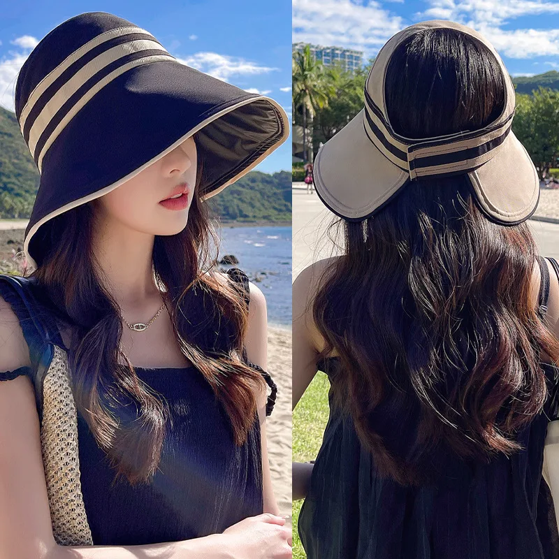

UPF50+ Vinyl Sun Hat Stripe Woman Wide Brim UV Protection Foldable Casual Sunhat Summer Outdoor Beach Lady Sunscreen Bucket Cap