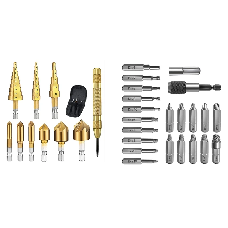 22Pc Drills And Extractor Material Bolt Remover Set With 10Pc Step 1/4 Inch Hex Shank 5 Flute Countersink Drill Bit Set
22Pc Drills And Extractor Material Bolt Remover Set With 10Pc Step 1/4 Inch Hex Shank 5 Flute Countersink Drill Bit Set