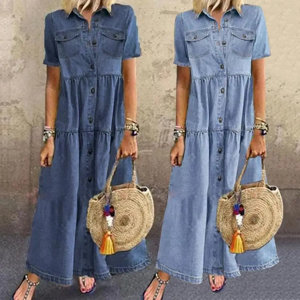 Leisure Dress Turn Down Collar Single-breasted Short Sleeve Women Retro Long Loose Denim Dress for Daily Wear
Leisure Dress Turn Down Collar Single-breasted Short Sleeve Women Retro Long Loose Denim Dress for Daily Wear
