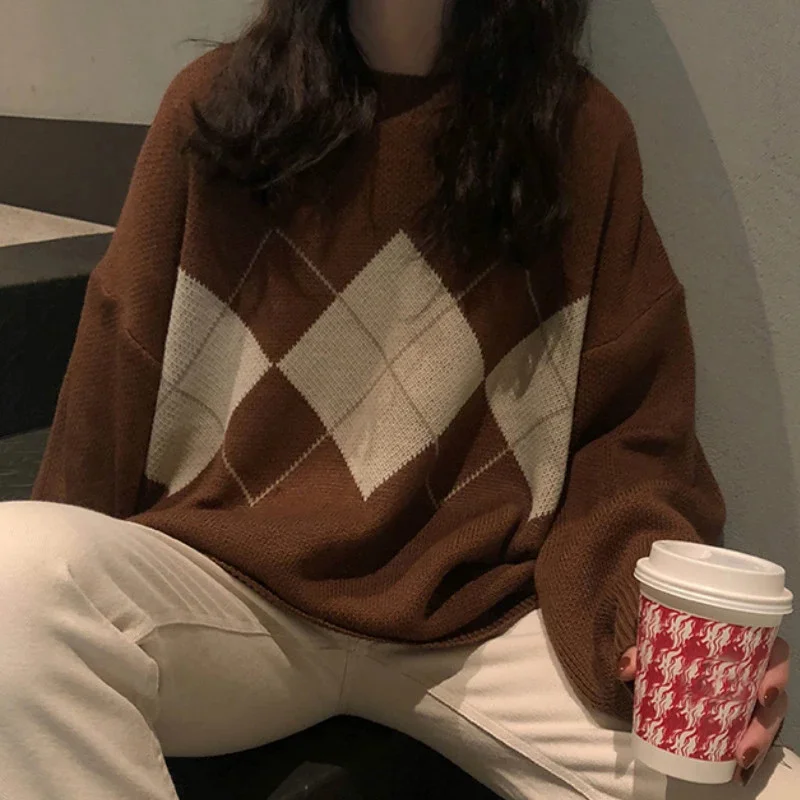 Knitted Sweater Women Oversized Argyle Sweater Pullovers Winter Loose Sweater Korean College Style Women Jumper Sueter Mujer
Knitted Sweater Women Oversized Argyle Sweater Pullovers Winter Loose Sweater Korean College Style Women Jumper Sueter Mujer