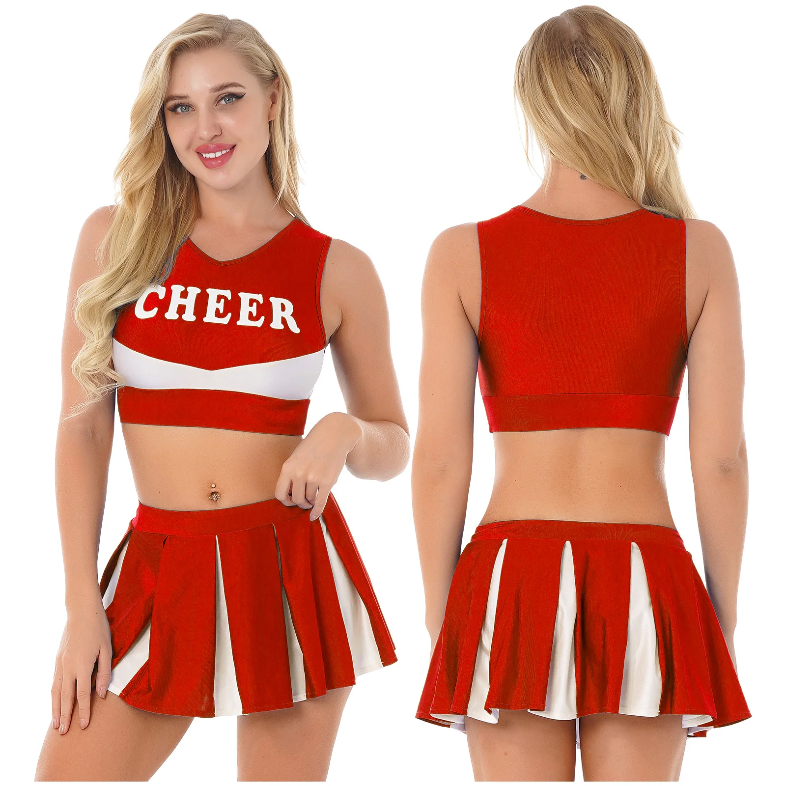 Women Schoolgirl Cheerleading Outfit Letter Printed Sleeveless Crop Top with Pleated Skirt Party Sports Competition Costume
Women Schoolgirl Cheerleading Outfit Letter Printed Sleeveless Crop Top with Pleated Skirt Party Sports Competition Costume