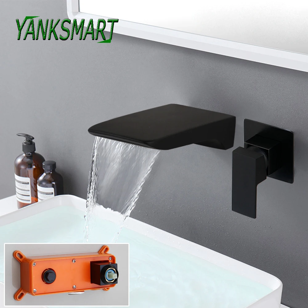 

YANKSMART Matte Black Bathroom Faucet Basin Sink Bathtub Faucets Soild Brass Waterfall Wall Mounted Washbasin Mixer Water Tap