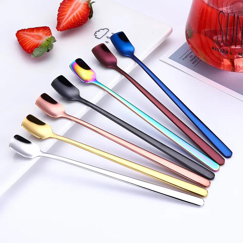 

Long Handle Stainless Steel Square Head Spoons Coffeeware Honey Mixing Scoop Teaspoon Decorated Tableware Coffee Accessories