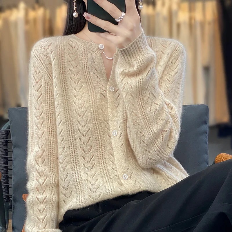 Spring And Autumn Hollow 100% Wool Cardigan Women's O-neck Top Unique Wool Sweater Knitted Loose And Slim Undershi Outer Sleeve
Spring And Autumn Hollow 100% Wool Cardigan Women's O-neck Top Unique Wool Sweater Knitted Loose And Slim Undershi Outer Sleeve