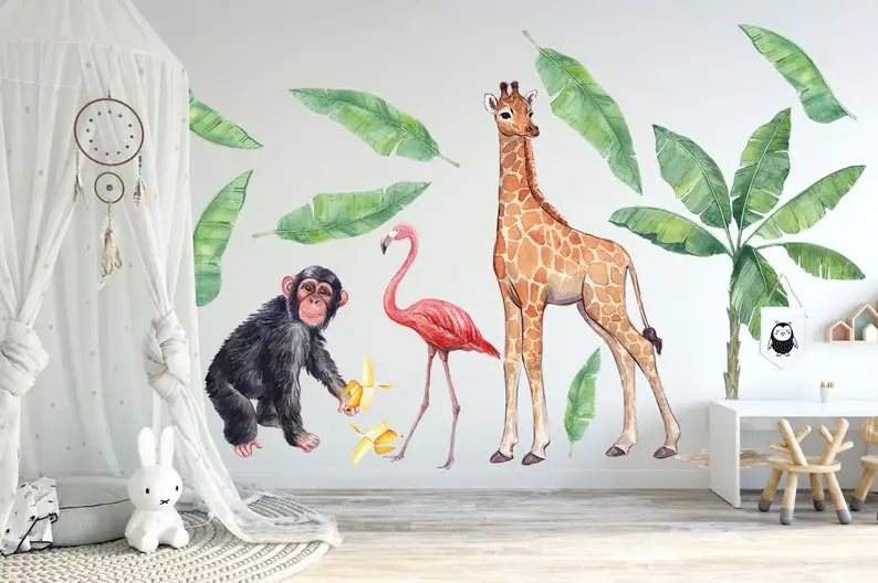 

Giraffe Monkey Jungle Coconut Tree Palm Trees Wall Fabric Decal Sticker Decor