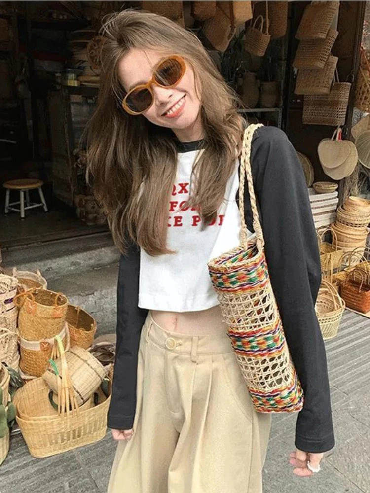 HOUZHOU Korean Style Long Sleeve Tshirts Women Kpop Harajuku Streetwear Oversize Patchwork Slim Crop Tops Leter Print Hippie Tee
HOUZHOU Korean Style Long Sleeve Tshirts Women Kpop Harajuku Streetwear Oversize Patchwork Slim Crop Tops Leter Print Hippie Tee