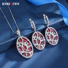 Vintage Oval Ruby Emerald Sapphire Pendant Necklace Drop Earrings for Women Lab Diamond Party Fine Jewelry Sets Gift Accessories