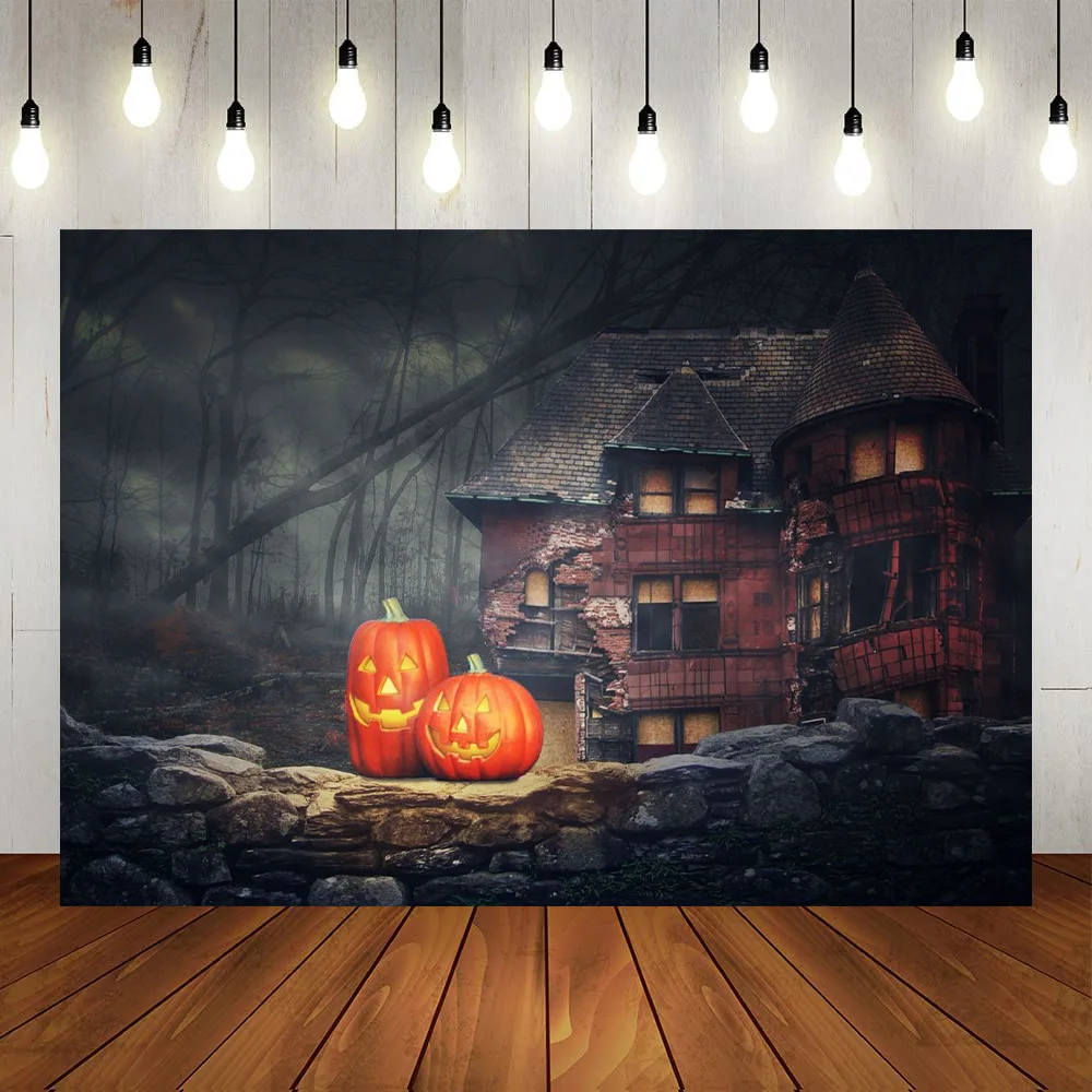 

Happy Halloween horror theme shoot background props party decoration photos foggy forest scary house big yellow pumpkin banner