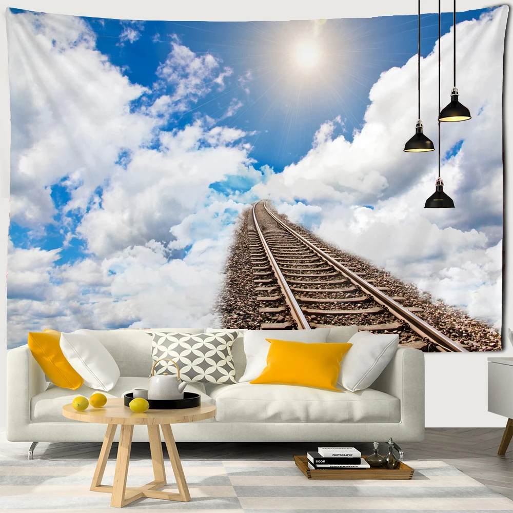

Blue Sky White Cloud Tapestry Wall Hanging Track to the Sky Scenery Tapestries Ceiling Wall Cloth Dormitory Home Decoration