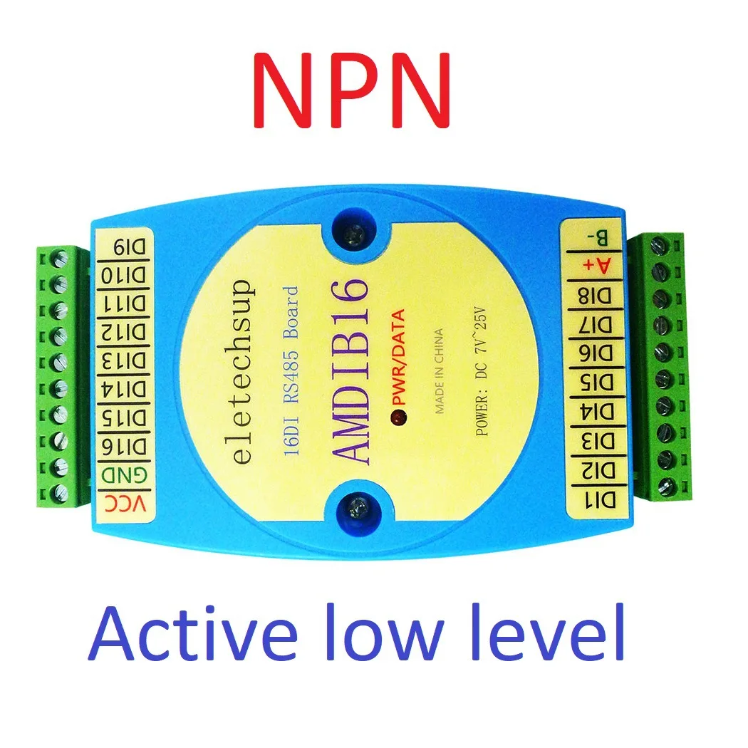DC 9V 12V 24V 10A 16 Channel NPN Digital Input Module RS485 3KV Isolated Communication MODBUS RTU PLC Expansion Board
DC 9V 12V 24V 10A 16 Channel NPN Digital Input Module RS485 3KV Isolated Communication MODBUS RTU PLC Expansion Board
