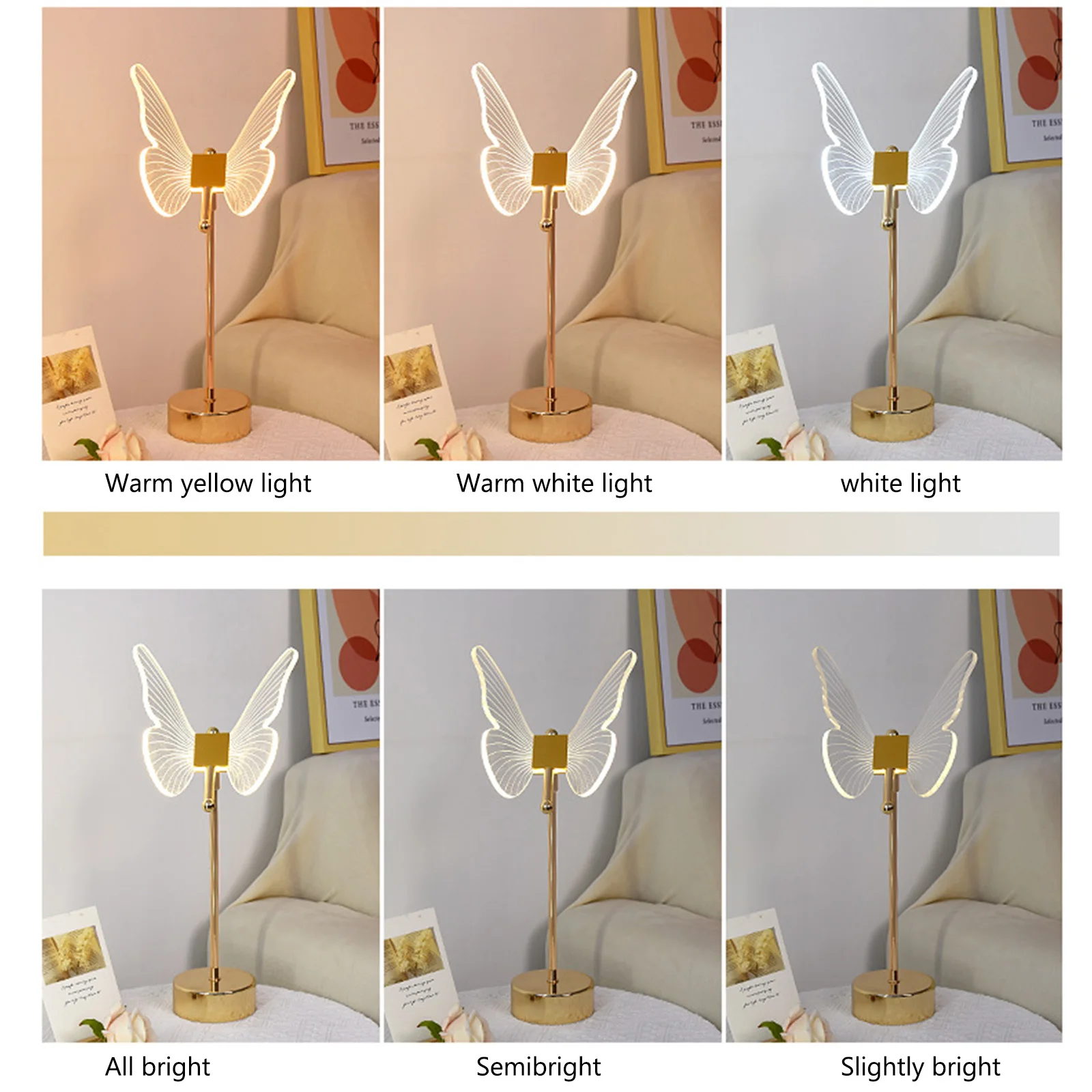 

LED Butterfly Desk Lamps 3 Light Colors Acrylic Bedroom Nightlamp Ornaments 180-degree Adjustable Lampshade Home Room Decoration