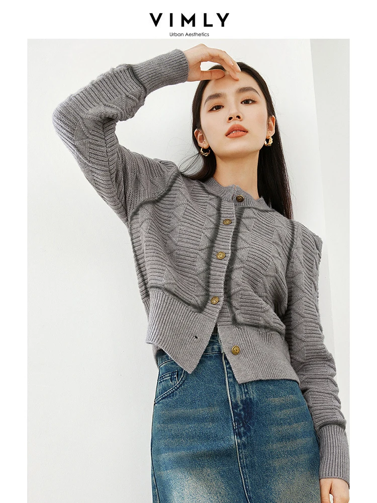 Vimly Grey Cropped Knitted Cardigan 2023 Autumn Winter O-neck Single Breasted Long Sleeve Sweater Coat Female Clothing 72633 
Vimly Grey Cropped Knitted Cardigan 2023 Autumn Winter O-neck Single Breasted Long Sleeve Sweater Coat Female Clothing 72633