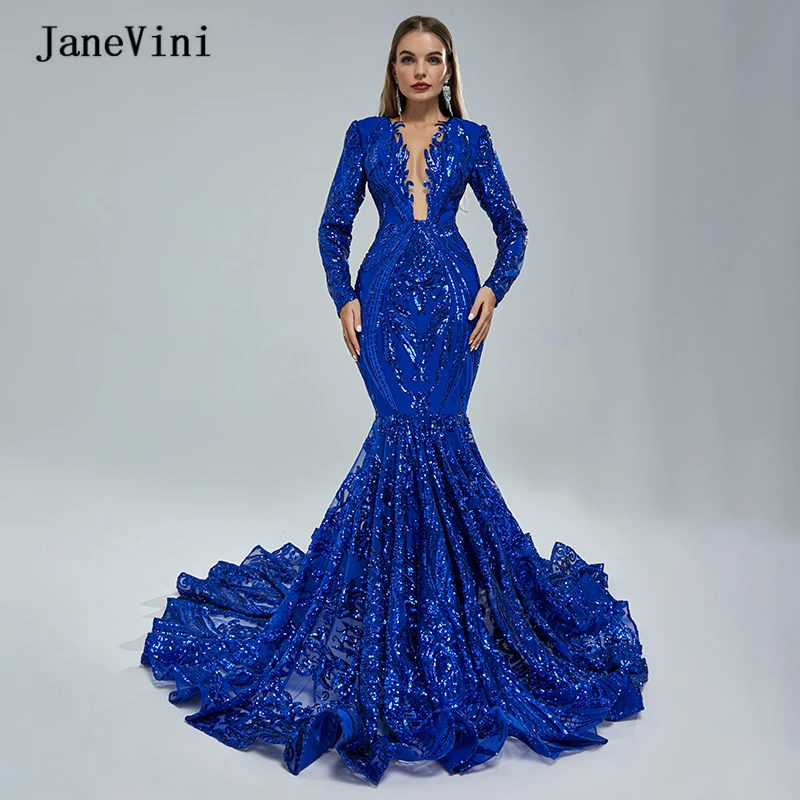 

JaneVini Sparkly Green Mermaid Arabic Evening Dress Long Sleeves Luxury Sequined Dubai Prom Formal Dinner Dresses for Women 2022