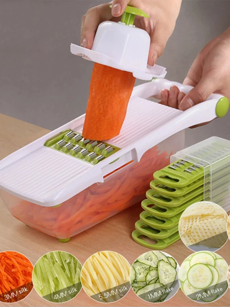 Vegetable Slicer Cutter Potato Carrot Grater Peeler Garlic Grinder Stainless Steel Blades with Container Kitchen Accessories
Vegetable Slicer Cutter Potato Carrot Grater Peeler Garlic Grinder Stainless Steel Blades with Container Kitchen Accessories