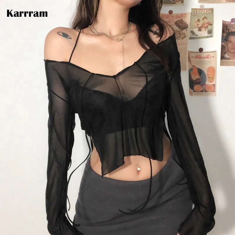 Karrram Sexy Slash Neck See Through Mesh Tops Women Bandage Long Sleeve T-shirt Irregular Clubwear Gothic Grunge Punk Clothes
Karrram Sexy Slash Neck See Through Mesh Tops Women Bandage Long Sleeve T-shirt Irregular Clubwear Gothic Grunge Punk Clothes