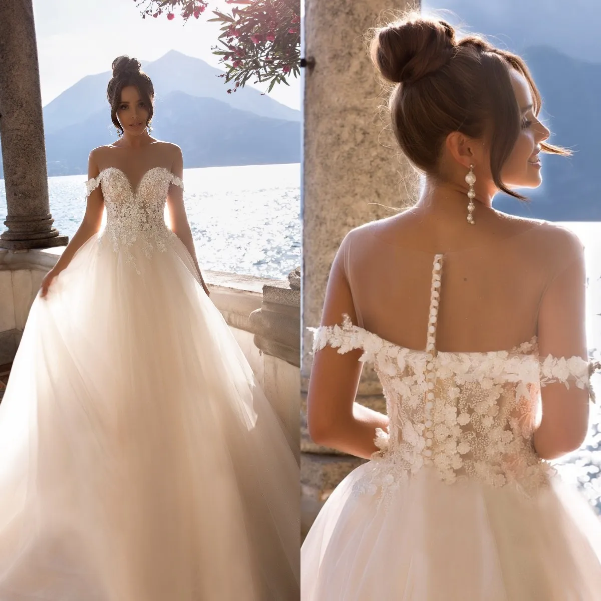 Elegant Ivory A Line Wedding Dresses Charming Appliques Beads Off The Shoulder Bridal Gowns Sexy Sheer Neck Vestido de Novia
Elegant Ivory A Line Wedding Dresses Charming Appliques Beads Off The Shoulder Bridal Gowns Sexy Sheer Neck Vestido de Novia