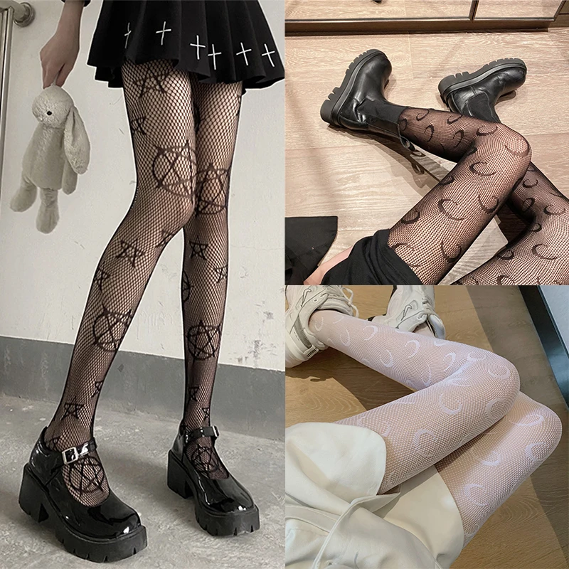 

Y2k Lace Pentacle Fishnet Stockings for Women Girl Goth Black Mesh Tights Star Moon Pantyhose JK Lolita Socks Halloween Roleplay