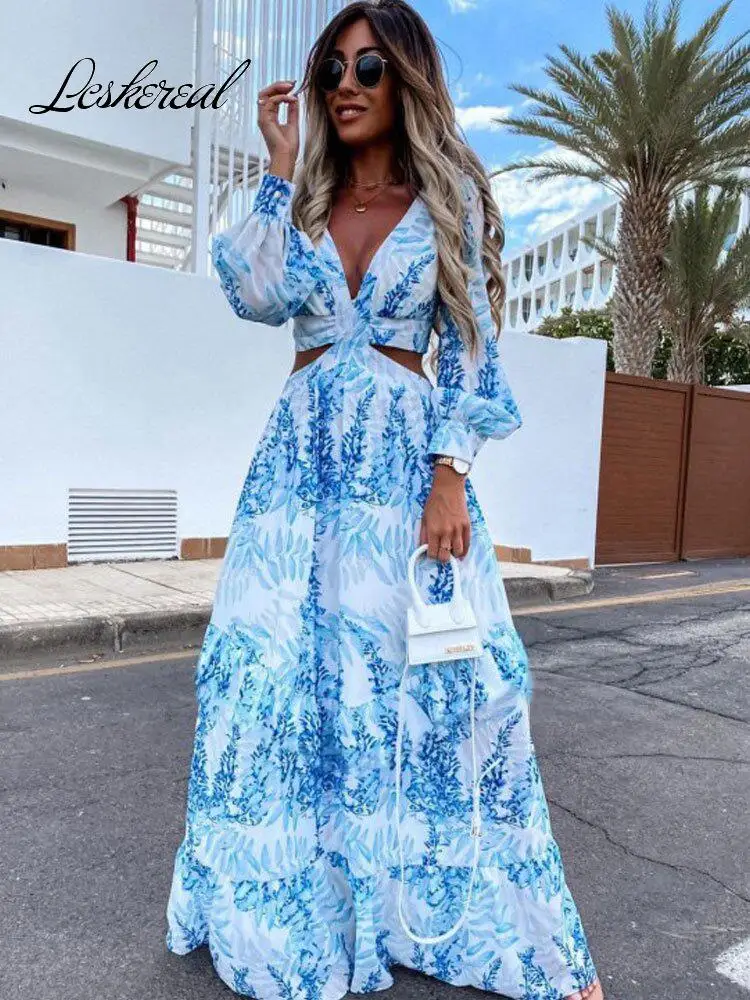 Sexy Deep V Neck Long Sleeve Maxi Dress Women 2022 Fall Clothes Print Hollow Out Pink Party Boho Dresses For Women Robe Femme 
Sexy Deep V Neck Long Sleeve Maxi Dress Women 2022 Fall Clothes Print Hollow Out Pink Party Boho Dresses For Women Robe Femme