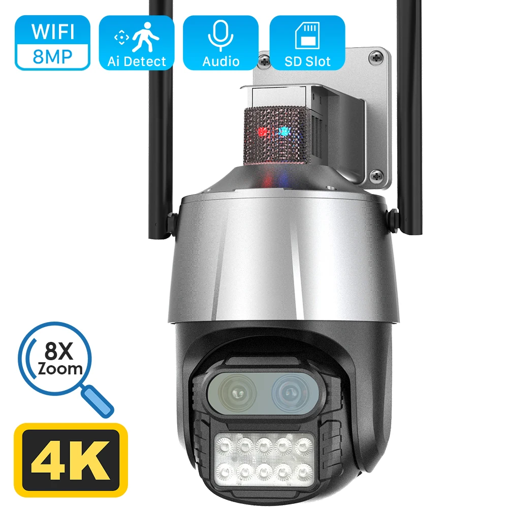 8MP 4K Outdoor WIFI Camera Dual-Lens 8X Digital Zoom PTZ AI Auto Tracking Anti-theft Siren 4MP wifi Surveillance CCTV IP Camera
8MP 4K Outdoor WIFI Camera Dual-Lens 8X Digital Zoom PTZ AI Auto Tracking Anti-theft Siren 4MP wifi Surveillance CCTV IP Camera