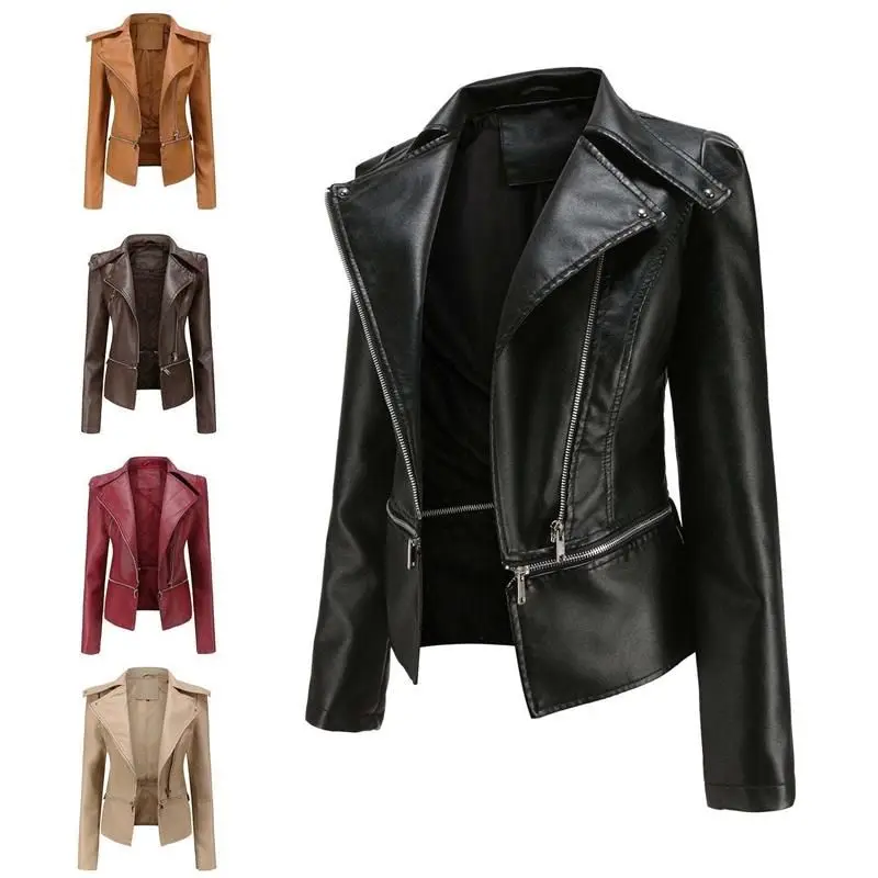 

Gothic Soft Leather Women Autumn Jacket Black Moto Jacket Zippers Long Sleeve Female PU Faux Bblack Leather Jacket Plus Size 4xl
