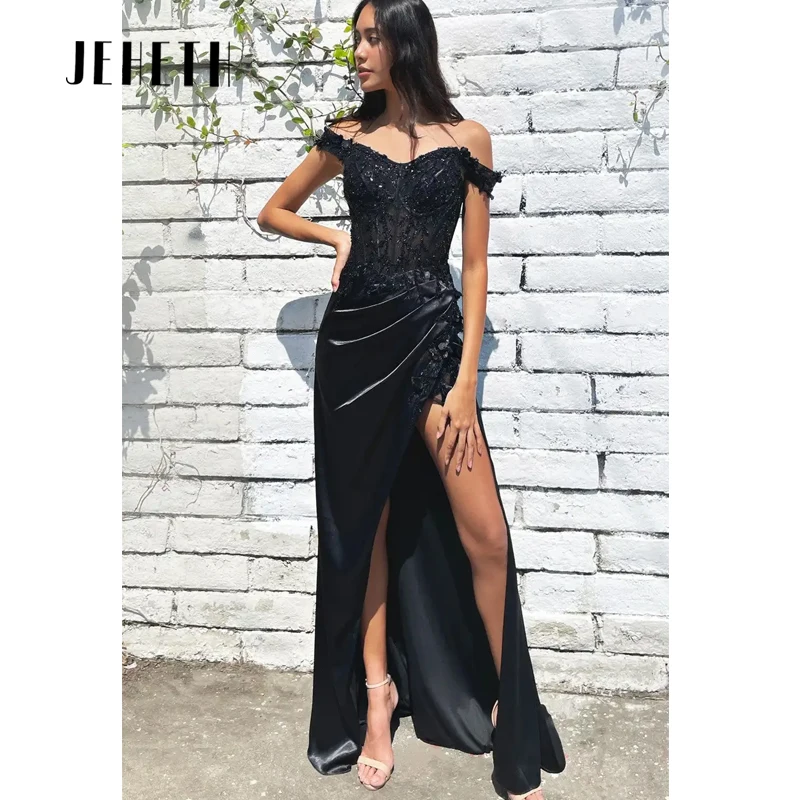 Черное сексуальное вечернее платье JEHETH с открытыми плечами, атласное платье с юбкой-годе, вышивкой и кружевом, платье для выпускного вечера, длина до пола для банкета с Боковым Разрезом Черное сексуальное платье с о 
Черное сексуальное вечернее платье JEHETH с открытыми плечами, атласное платье с юбкой-годе, вышивкой и кружевом, платье для выпускного вечера, длина до пола для банкета с Боковым Разрезом Черное сексуальное платье с о
