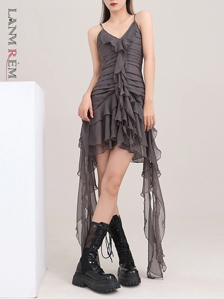 

LANMREM 2022 Summer Suspender V-neck Asymmetric Ruffle High Waist Mid Length Dress Sling Mini Dresses Female Fashion 2M509