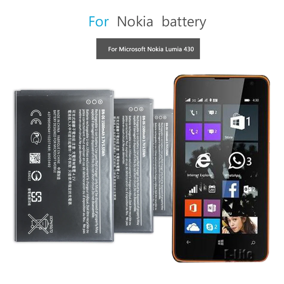 

Мобильный телефон Аккумулятор для Microsoft Nokia Lumia 430 Lumia430, сменная батарея BN 06 BN-06 1500mAh