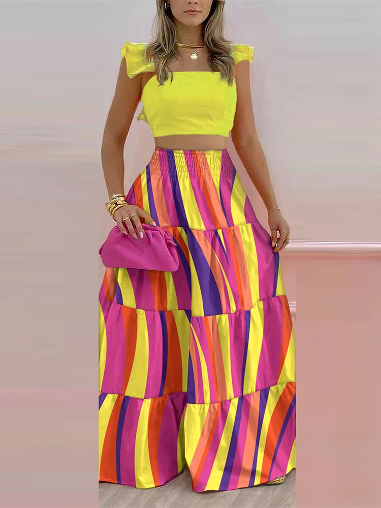 Mandylandy Women Elegant Summer Skirt Two Piece Set Fashion Female Y2K Crop Top Elastic High Waist Ruffle Long Skirt Suit Set
Mandylandy Women Elegant Summer Skirt Two Piece Set Fashion Female Y2K Crop Top Elastic High Waist Ruffle Long Skirt Suit Set