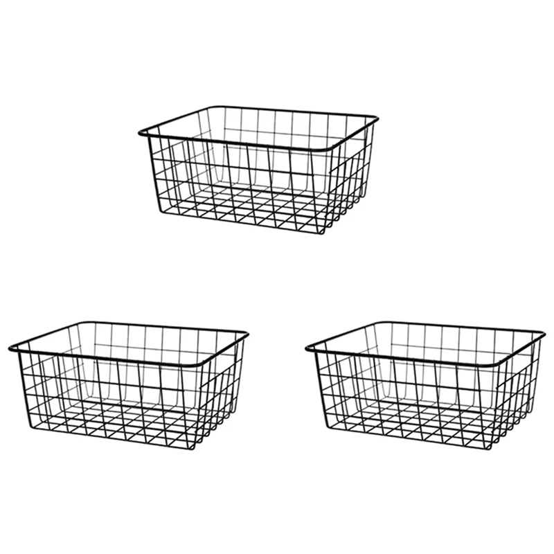 

3X Hollow Iron Wired Basket, Storage Baskets Metal Basket Without Interlining Bathroom Kitchen Organizer Black