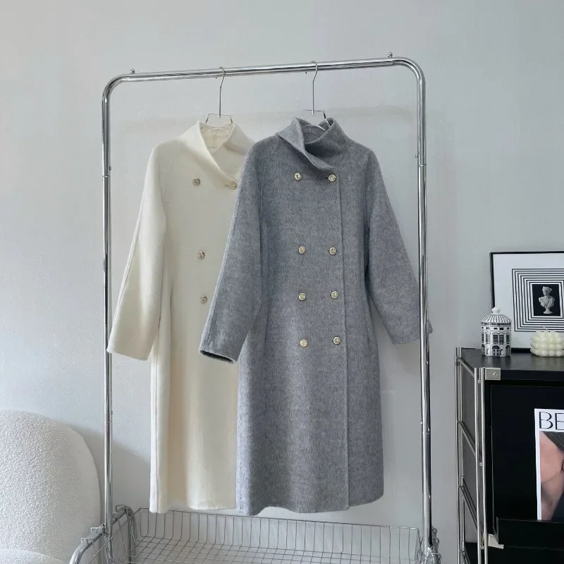 

Grey Cashmere Double-sided Woolen Coat Extended Autumn and Winter Thickened Wool Woolen Coat for Women Stand-up Collar