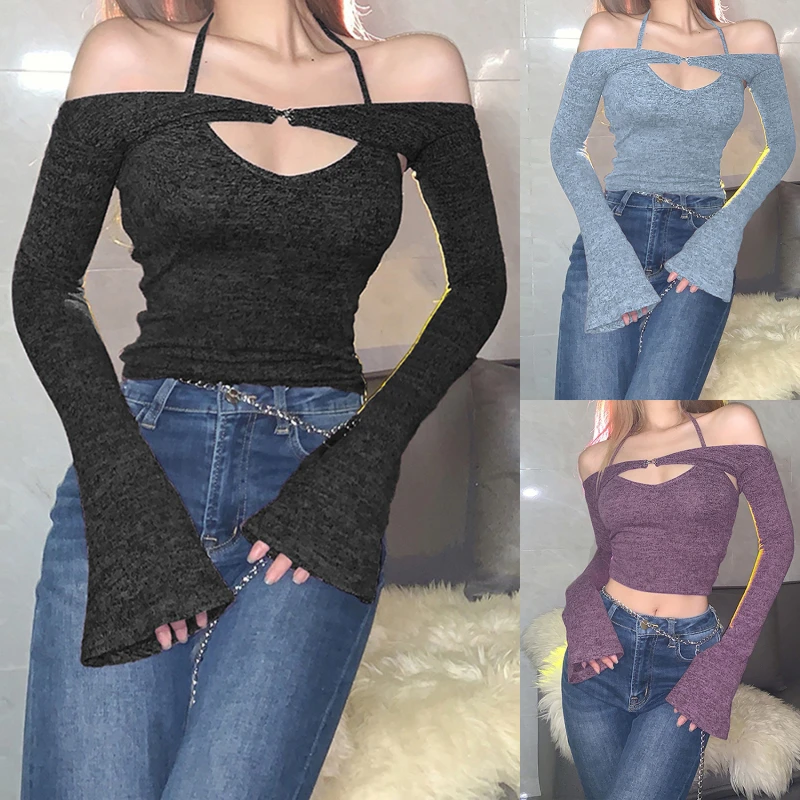 Women Sexy Top Ladies Hollow Out Patchwork Flare Long Sleeve T-Shirts V-Neck Halter Off Shoulder Tops Girls Tanks Crop Top
Women Sexy Top Ladies Hollow Out Patchwork Flare Long Sleeve T-Shirts V-Neck Halter Off Shoulder Tops Girls Tanks Crop Top